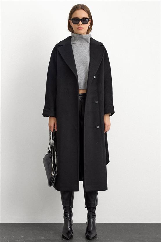 Olcay K26 3108 1001 Sıyah Kadın Punto Dıkıs Detaylı Oversıze Premıum Kaban