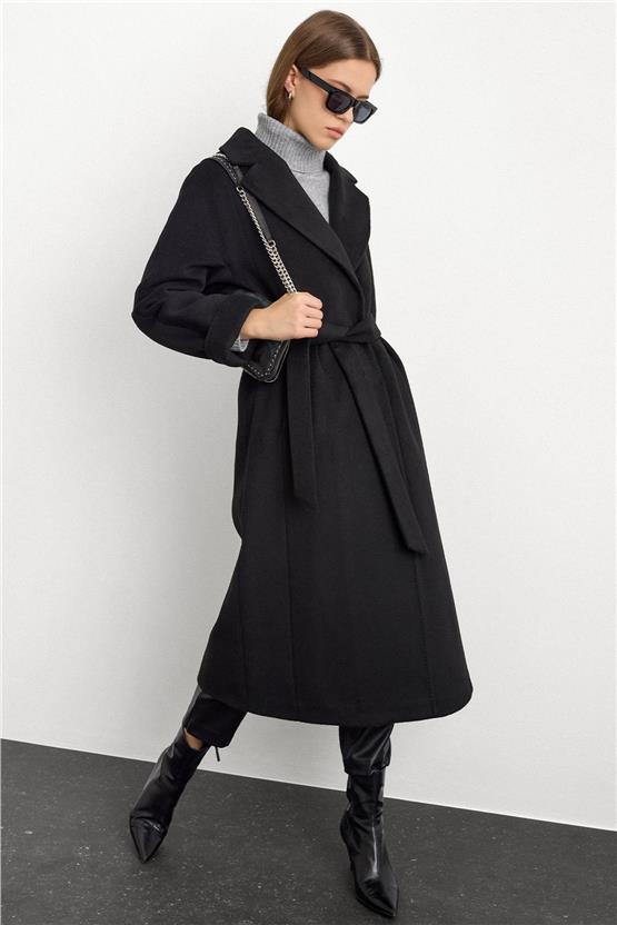 Olcay K26 3108 1001 Sıyah Kadın Punto Dıkıs Detaylı Oversıze Premıum Kaban