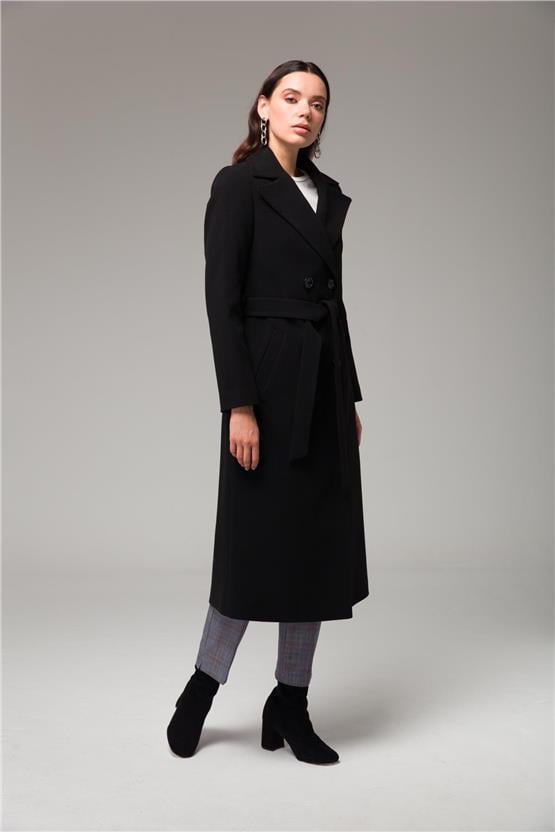 Olcay K26 3754 1 Sıyah Kadın Kruvaze Belden Baglamalı Ara Boy Kaban