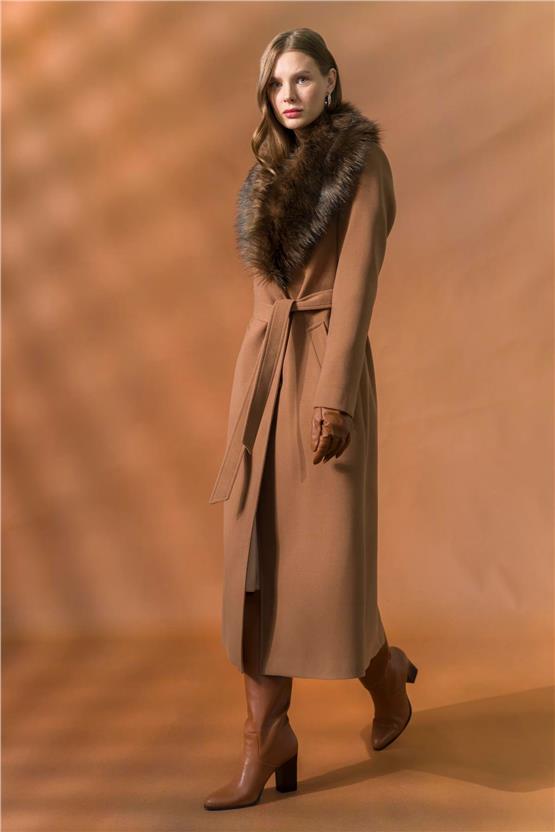 Olcay K26 3804 174 Taba Kadın Kurklu Belı Baglamalı Uzun Boy Kaban