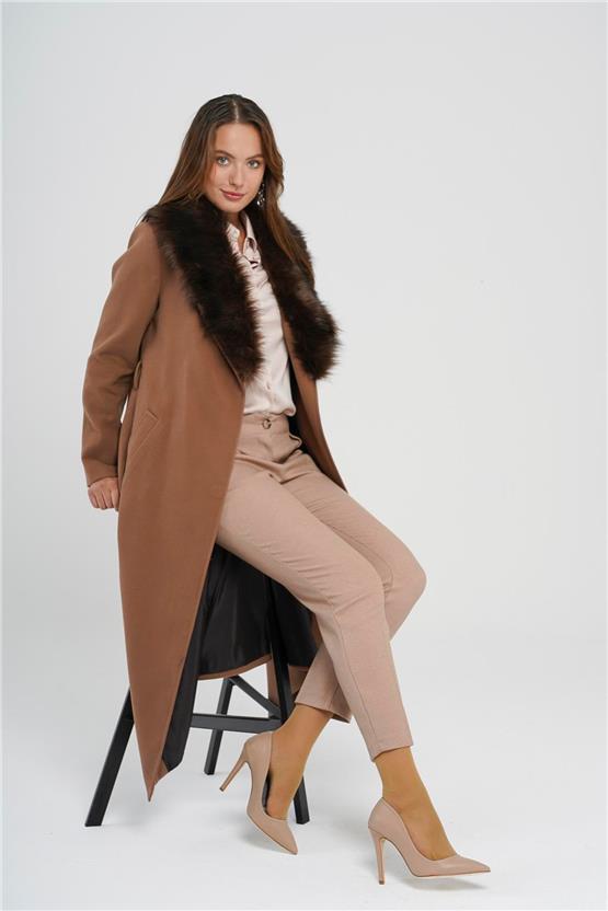 Olcay K26 3804 174 Taba Kadın Kurklu Belı Baglamalı Uzun Boy Kaban