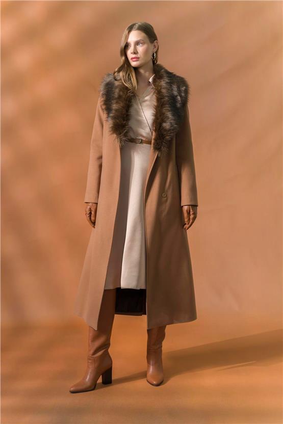 Olcay K26 3804 174 Taba Kadın Kurklu Belı Baglamalı Uzun Boy Kaban