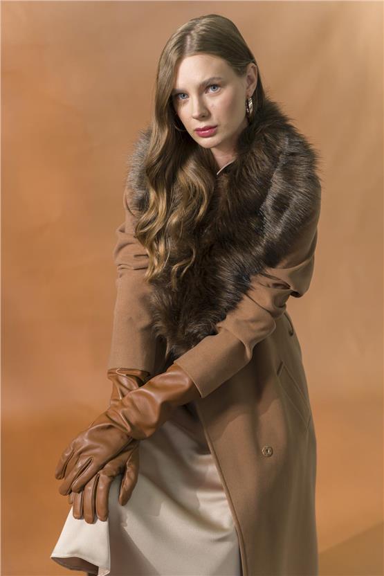 Olcay K26 3804 174 Taba Kadın Kurklu Belı Baglamalı Uzun Boy Kaban