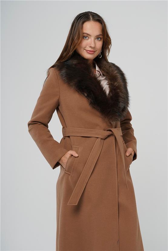 Olcay K26 3804 174 Taba Kadın Kurklu Belı Baglamalı Uzun Boy Kaban