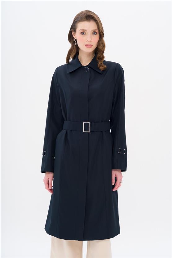 Olcay Y25 4302 Lacıvert Kadın Gomlek Yaka Kemer Detaylı Buyuk Beden Trenckot