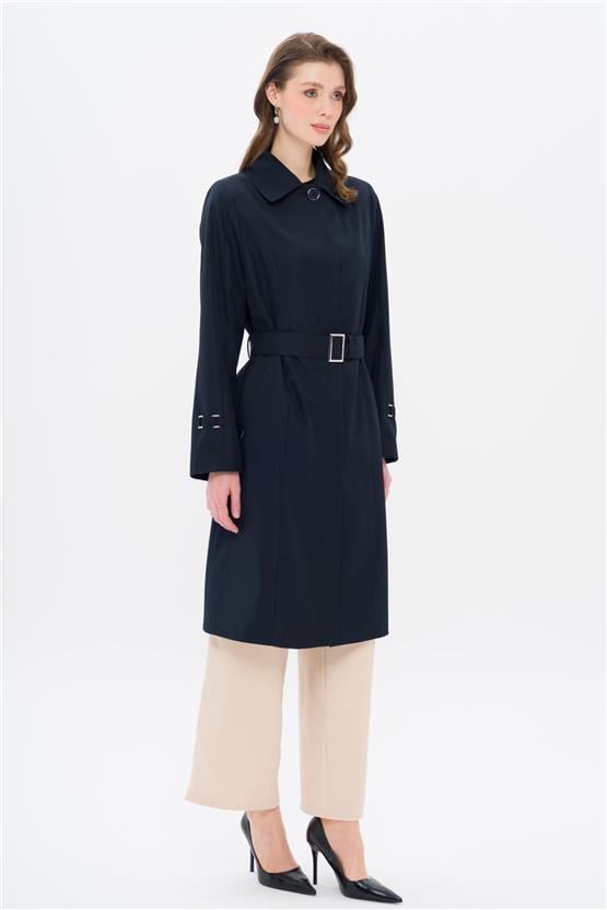 Olcay Y25 4302 Lacıvert Kadın Gomlek Yaka Kemer Detaylı Buyuk Beden Trenckot