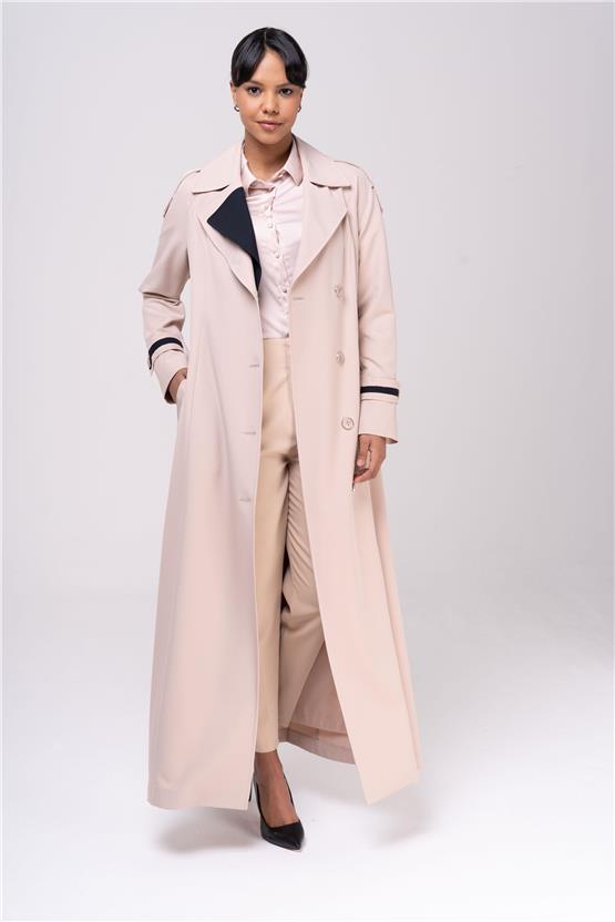 Olcay Y25 6556 Bej Kadın Garnılı Apolet Ve Cıft Yaka Detaylı Astarlı Pardesu