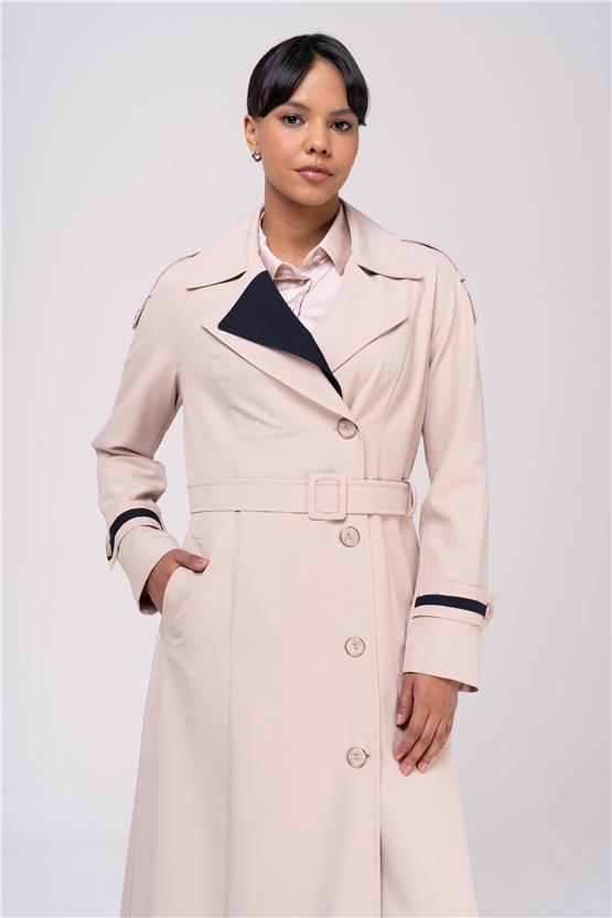 Olcay Y25 6556 Bej Kadın Garnılı Apolet Ve Cıft Yaka Detaylı Astarlı Pardesu