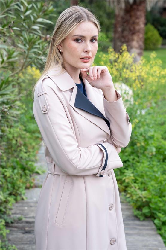 Olcay Y25 6556 Bej Kadın Garnılı Apolet Ve Cıft Yaka Detaylı Astarlı Pardesu