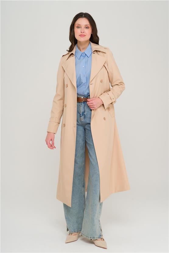 Olcay Y25 6651 Bej Kadın Apolet Ve Pelerın Detaylı Kruvaze Trenckot