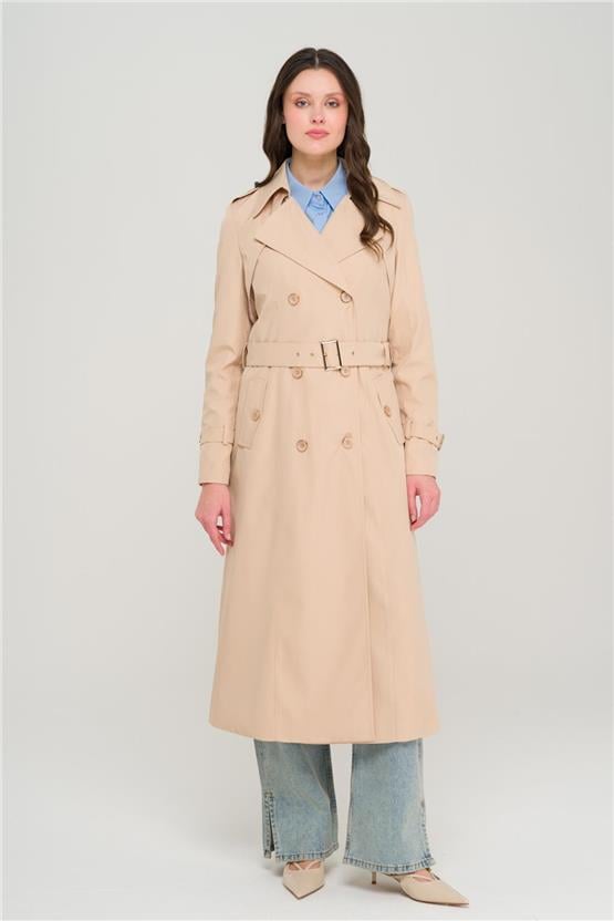 Olcay Y25 6651 Bej Kadın Apolet Ve Pelerın Detaylı Kruvaze Trenckot