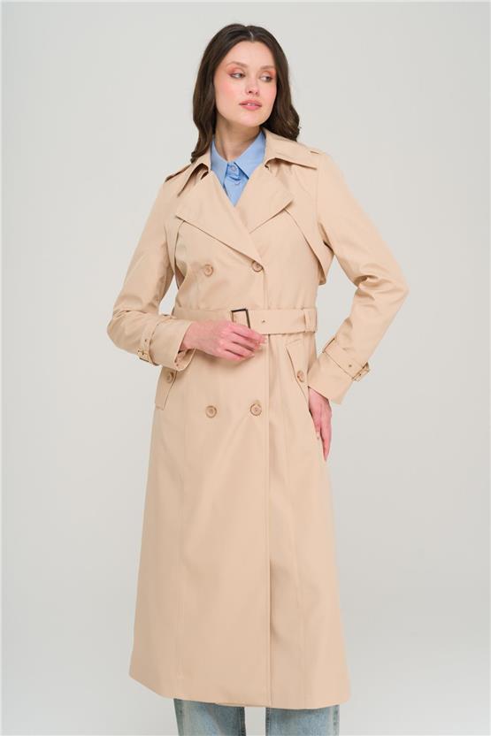 Olcay Y25 6651 Bej Kadın Apolet Ve Pelerın Detaylı Kruvaze Trenckot