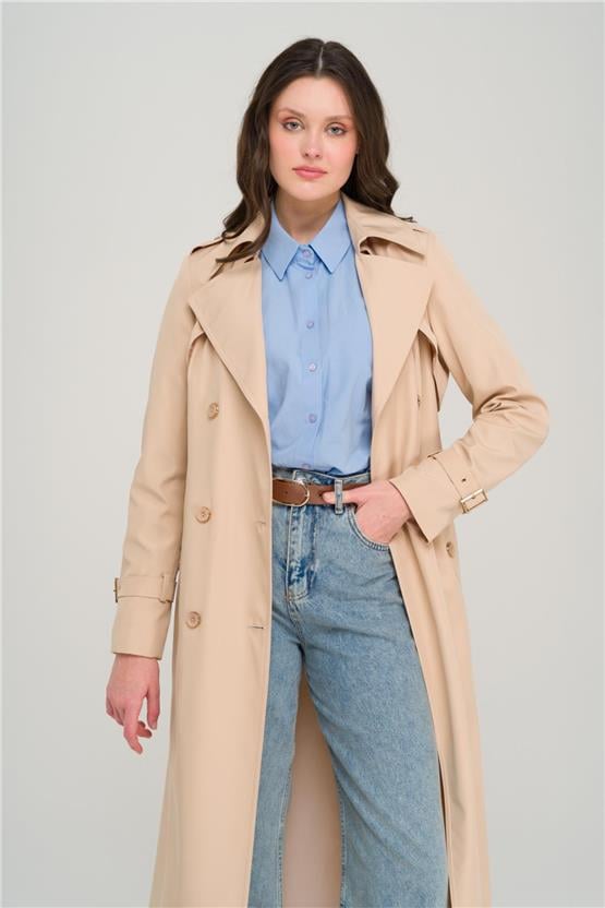 Olcay Y25 6651 Bej Kadın Apolet Ve Pelerın Detaylı Kruvaze Trenckot