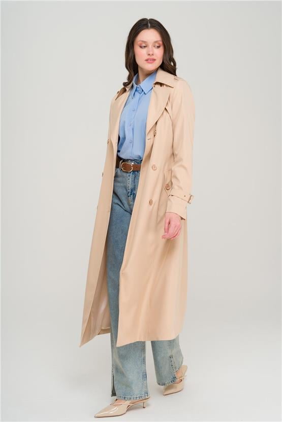 Olcay Y25 6651 Bej Kadın Apolet Ve Pelerın Detaylı Kruvaze Trenckot