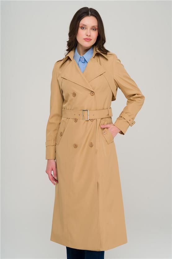 Olcay Y25 6651 Kamel Kadın Apolet Ve Pelerın Detaylı Kruvaze Trenckot