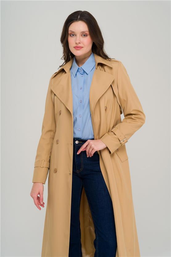 Olcay Y25 6651 Kamel Kadın Apolet Ve Pelerın Detaylı Kruvaze Trenckot