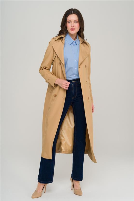 Olcay Y25 6651 Kamel Kadın Apolet Ve Pelerın Detaylı Kruvaze Trenckot