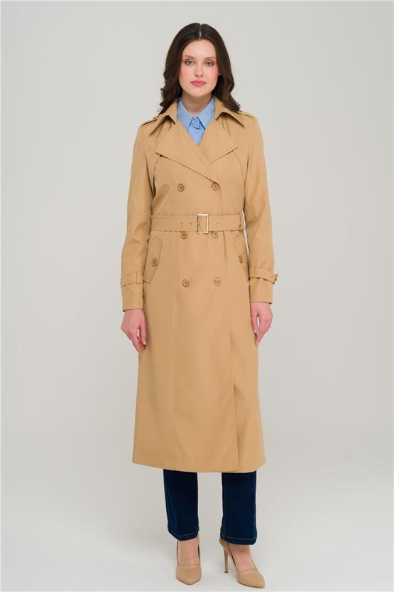 Olcay Y25 6651 Kamel Kadın Apolet Ve Pelerın Detaylı Kruvaze Trenckot