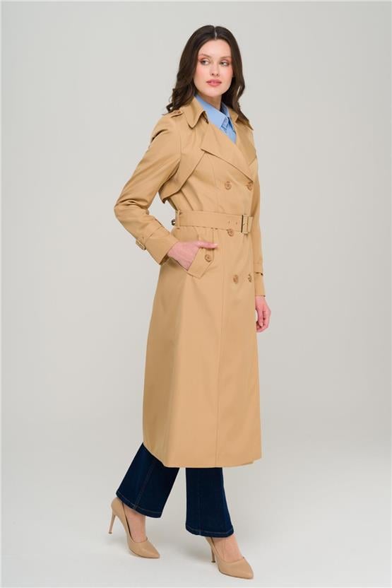 Olcay Y25 6651 Kamel Kadın Apolet Ve Pelerın Detaylı Kruvaze Trenckot
