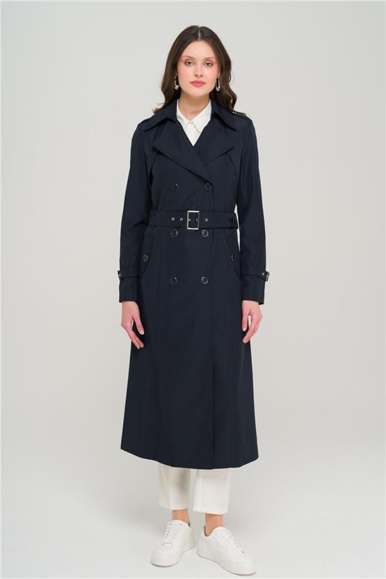 Olcay Y25 6651 Lacıvert Kadın Apolet Ve Pelerın Detaylı Kruvaze Trenckot