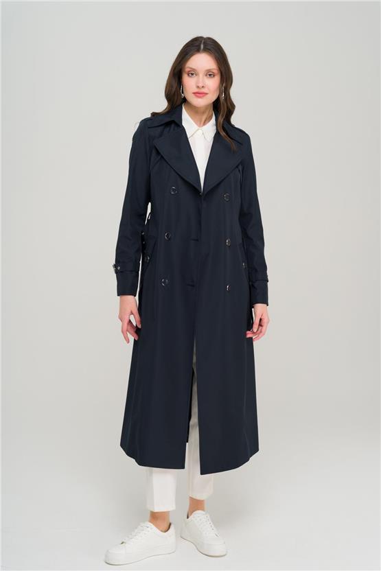 Olcay Y25 6651 Lacıvert Kadın Apolet Ve Pelerın Detaylı Kruvaze Trenckot
