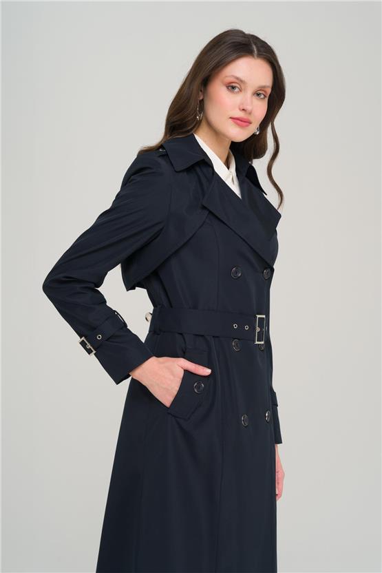 Olcay Y25 6651 Lacıvert Kadın Apolet Ve Pelerın Detaylı Kruvaze Trenckot