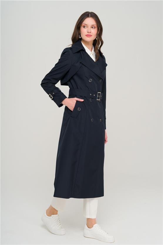 Olcay Y25 6651 Lacıvert Kadın Apolet Ve Pelerın Detaylı Kruvaze Trenckot