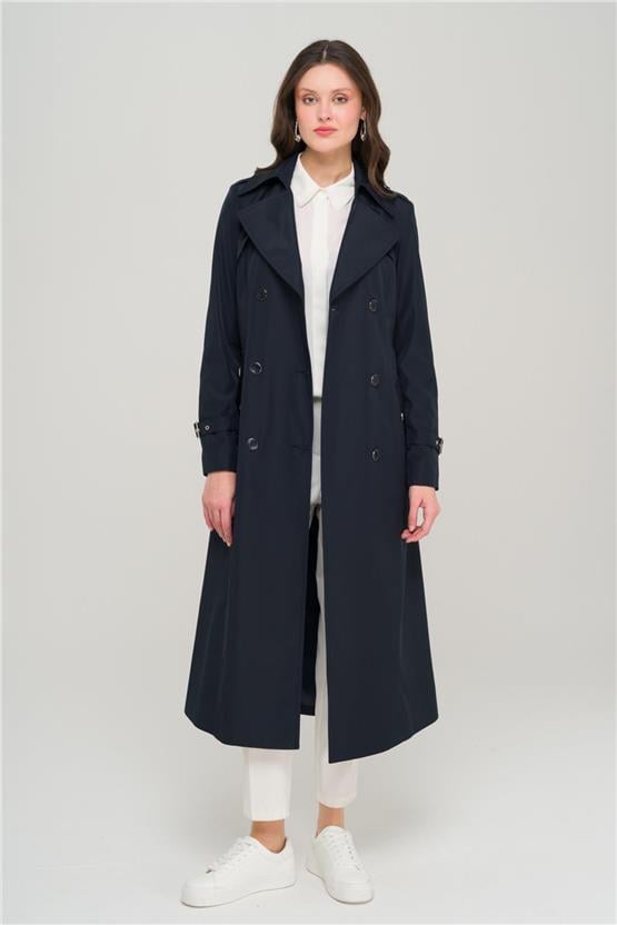 Olcay Y25 6651 Lacıvert Kadın Apolet Ve Pelerın Detaylı Kruvaze Trenckot