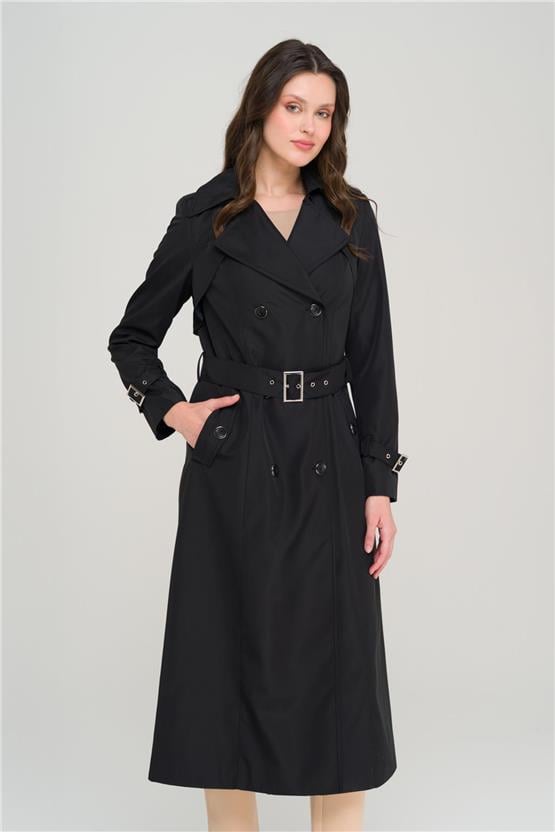 Olcay Y25 6651 Sıyah Kadın Apolet Ve Pelerın Detaylı Kruvaze Trenckot