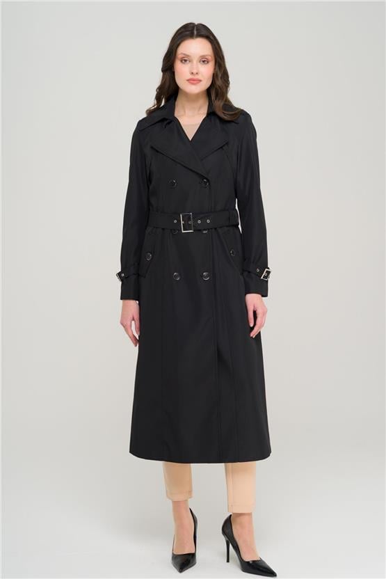 Olcay Y25 6651 Sıyah Kadın Apolet Ve Pelerın Detaylı Kruvaze Trenckot