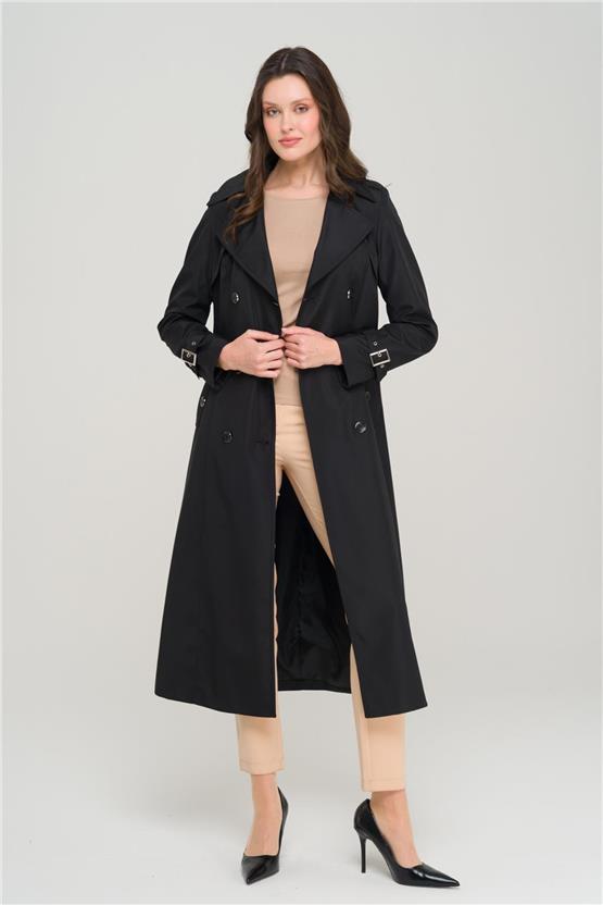 Olcay Y25 6651 Sıyah Kadın Apolet Ve Pelerın Detaylı Kruvaze Trenckot