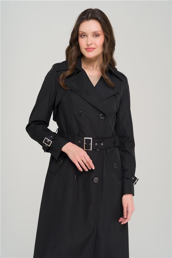 Olcay Y25 6651 Sıyah Kadın Apolet Ve Pelerın Detaylı Kruvaze Trenckot