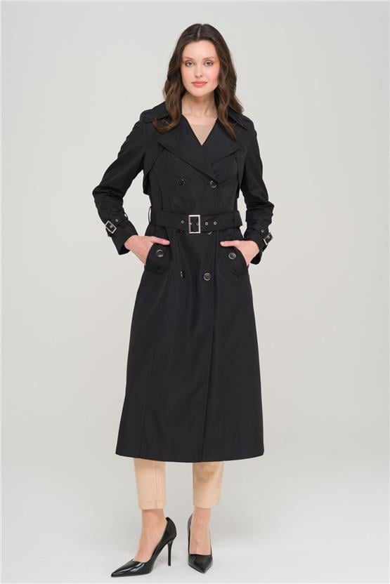 Olcay Y25 6651 Sıyah Kadın Apolet Ve Pelerın Detaylı Kruvaze Trenckot