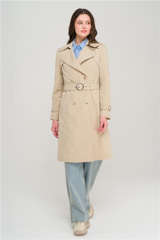 Olcay Y25 6681 Bej Kadın Pelerın Ve Apolet Detaylı Kruvaze Astarlı Trenckot