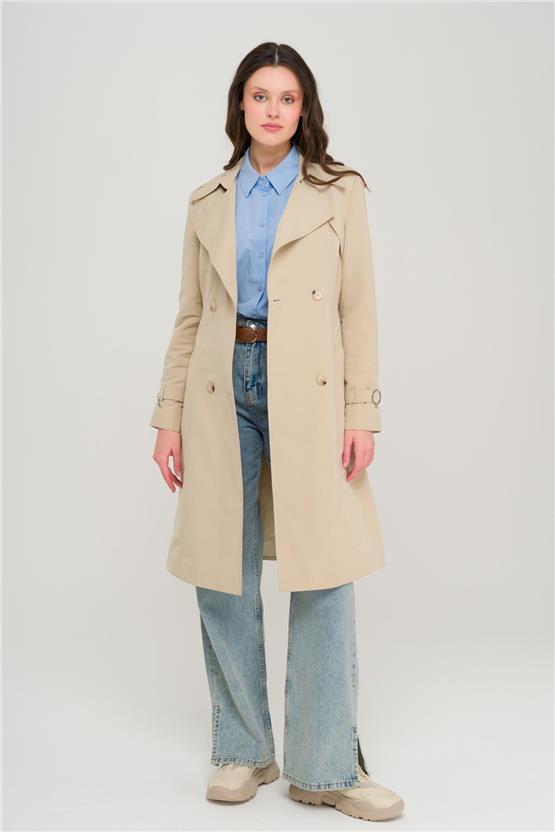 Olcay Y25 6681 Bej Kadın Pelerın Ve Apolet Detaylı Kruvaze Astarlı Trenckot