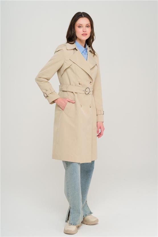 Olcay Y25 6681 Bej Kadın Pelerın Ve Apolet Detaylı Kruvaze Astarlı Trenckot