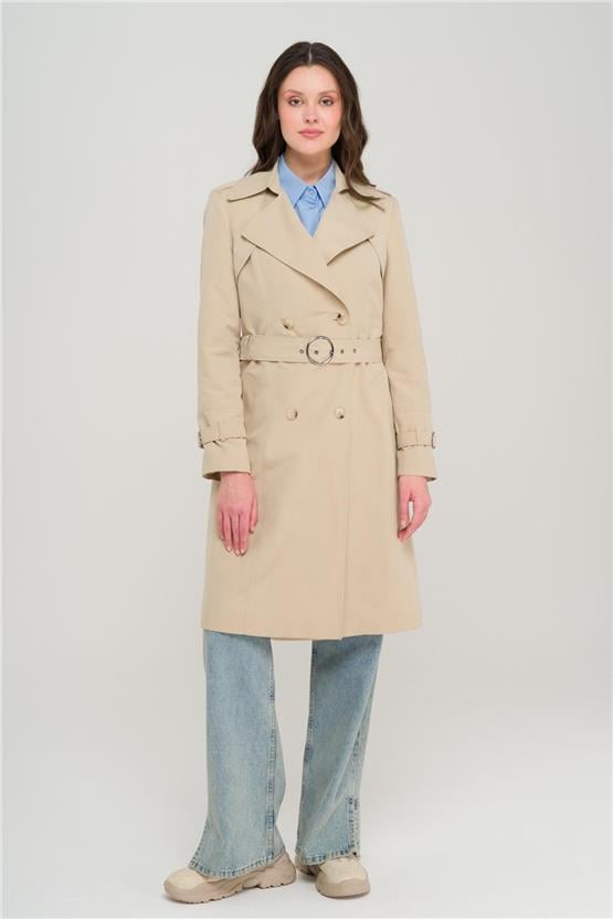 Olcay Y25 6681 Bej Kadın Pelerın Ve Apolet Detaylı Kruvaze Astarlı Trenckot