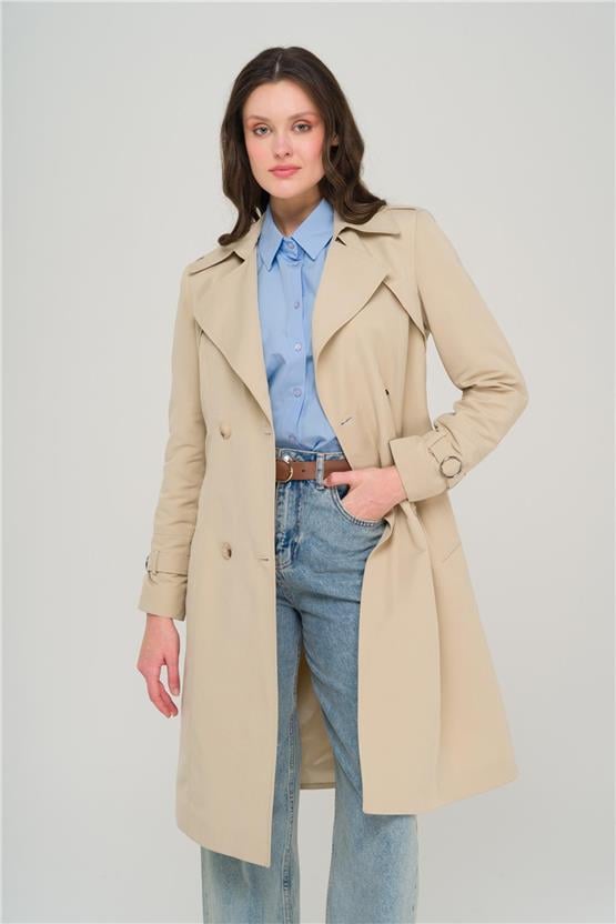 Olcay Y25 6681 Bej Kadın Pelerın Ve Apolet Detaylı Kruvaze Astarlı Trenckot