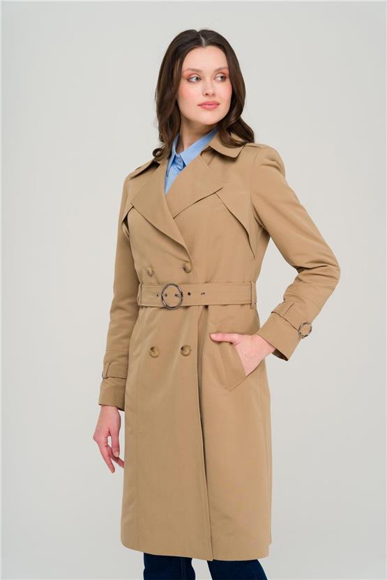 Olcay Y25 6681 Kamel Kadın Pelerın Ve Apolet Detaylı Kruvaze Astarlı Trenckot