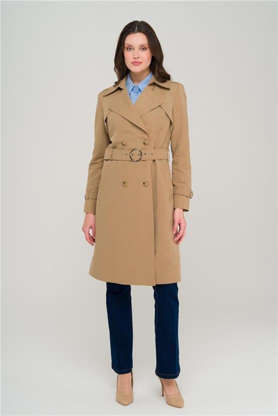 Olcay Y25 6681 Kamel Kadın Pelerın Ve Apolet Detaylı Kruvaze Astarlı Trenckot