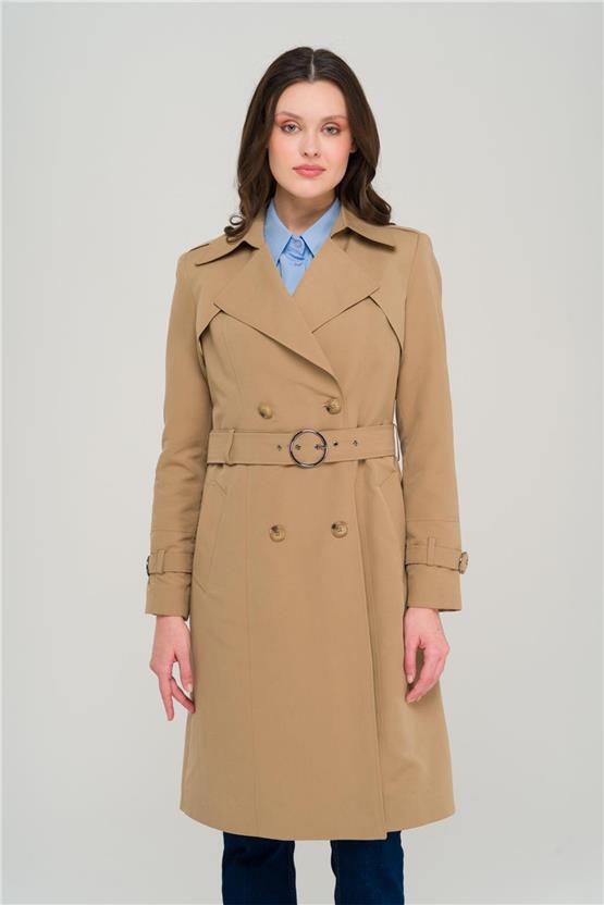 Olcay Y25 6681 Kamel Kadın Pelerın Ve Apolet Detaylı Kruvaze Astarlı Trenckot