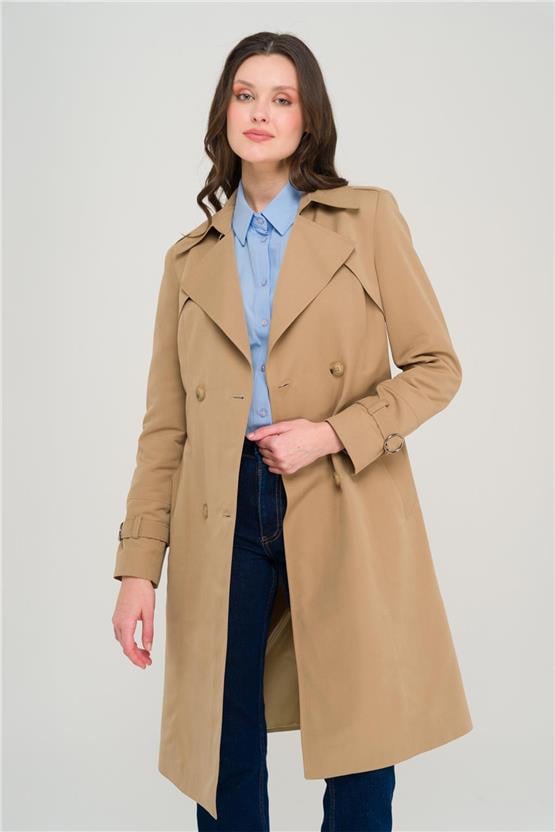 Olcay Y25 6681 Kamel Kadın Pelerın Ve Apolet Detaylı Kruvaze Astarlı Trenckot