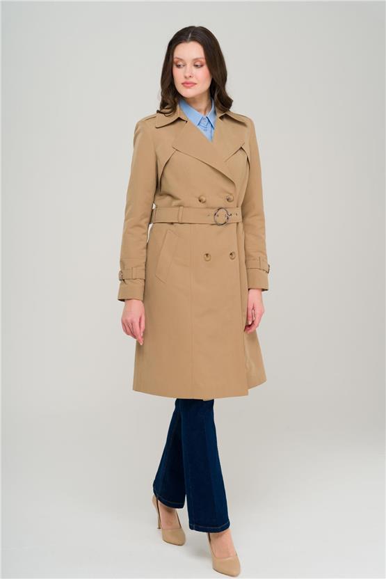 Olcay Y25 6681 Kamel Kadın Pelerın Ve Apolet Detaylı Kruvaze Astarlı Trenckot