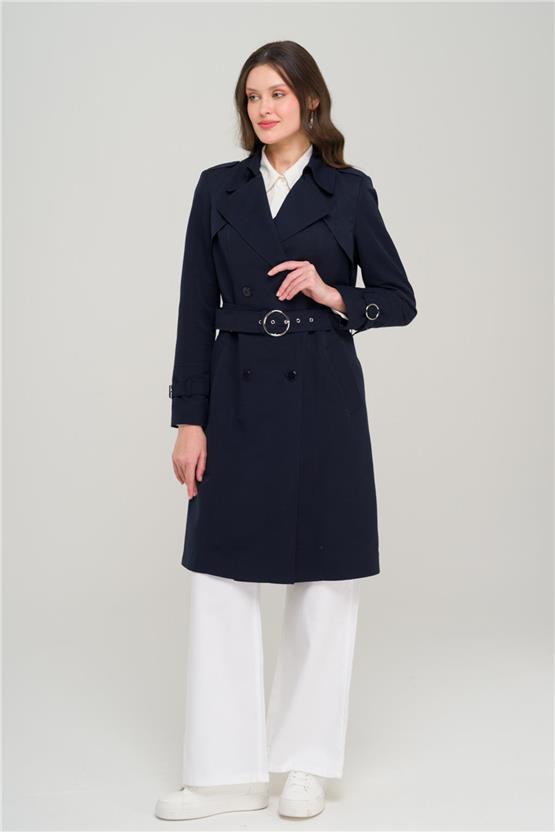 Olcay Y25 6681 Lacıvert Kadın Pelerın Ve Apolet Detaylı Kruvaze Astarlı Trenckot