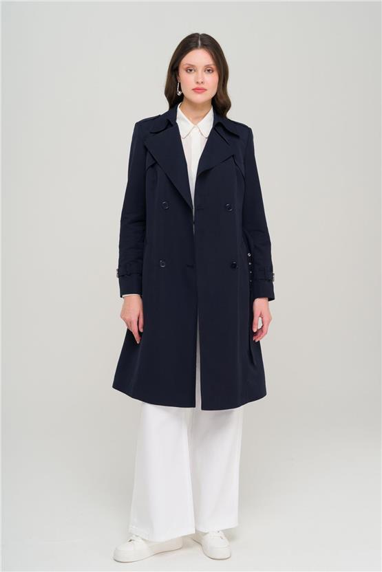 Olcay Y25 6681 Lacıvert Kadın Pelerın Ve Apolet Detaylı Kruvaze Astarlı Trenckot