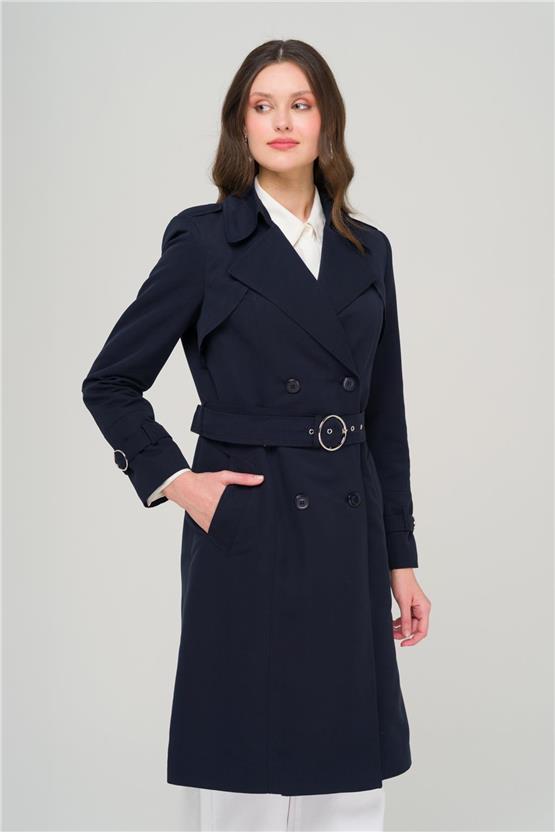 Olcay Y25 6681 Lacıvert Kadın Pelerın Ve Apolet Detaylı Kruvaze Astarlı Trenckot