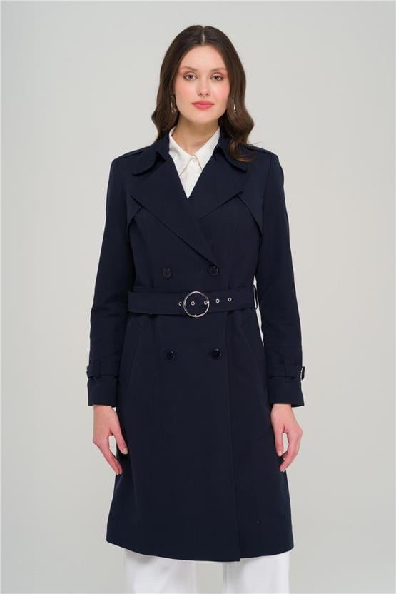 Olcay Y25 6681 Lacıvert Kadın Pelerın Ve Apolet Detaylı Kruvaze Astarlı Trenckot