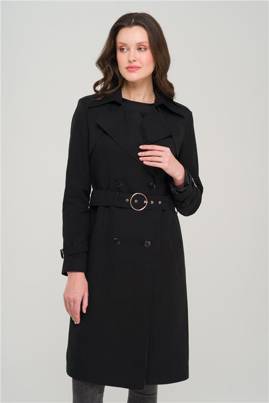Olcay Y25 6681 Sıyah Kadın Pelerın Ve Apolet Detaylı Kruvaze Astarlı Trenckot