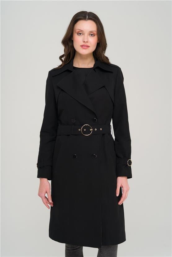 Olcay Y25 6681 Sıyah Kadın Pelerın Ve Apolet Detaylı Kruvaze Astarlı Trenckot
