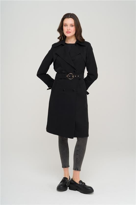 Olcay Y25 6681 Sıyah Kadın Pelerın Ve Apolet Detaylı Kruvaze Astarlı Trenckot